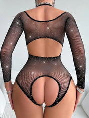 Rhinestone Body Stocking Sheer - Black